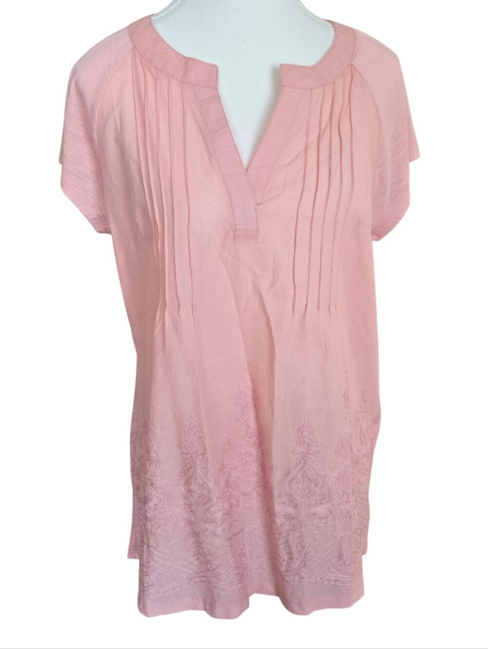 NWT Liv Los Angeles Pink Boho Embroideres Pleated V Neck Peasant Blouse Small